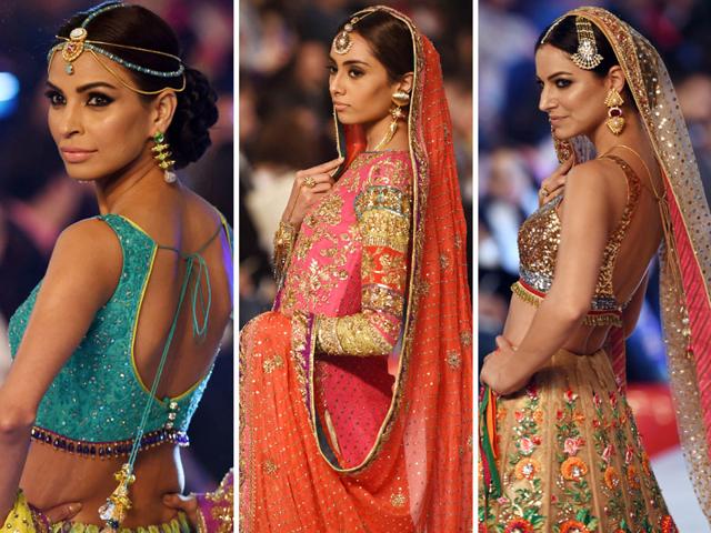 Models present a creation by designer Nomi Ansari during the PFDC L’Oreal Paris Bridal Week in Lahore on September 18, 2015. (AFP) Models present a creation by designer Nomi Ansari during the PFDC L’Oreal Paris Bridal Week in Lahore on September 18, 2015. (AFP)