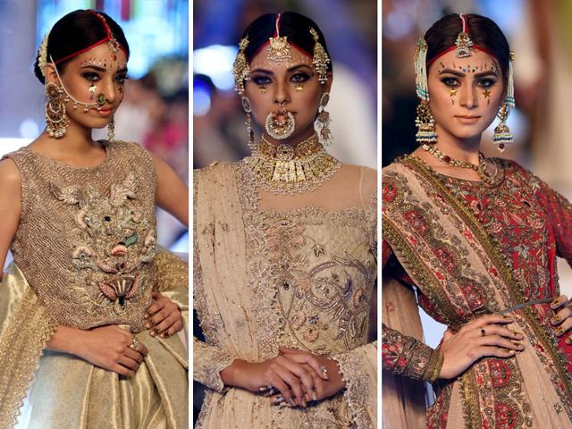 Models present creations by Fahad Hussayn during the Pakistan Fashion Design Council (PFDC) L’Oreal Paris Bridal Week in Lahore on September 17, 2015. (AFP) Models present creations by Fahad Hussayn during the Pakistan Fashion Design Council (PFDC) L’Oreal Paris Bridal Week in Lahore on September 17, 2015. (AFP)