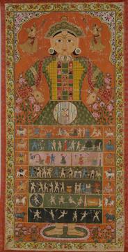 Lokapurusa Rajasthan, Bikaner, late 19th Century (opaque watercolour on cotton). The cosmic man is a popular theme in late Jain painting where the cosmological scheme of the adhaidvipa - world of the mortals - is superimposed on the human body. Lokapurusa Rajasthan, Bikaner, late 19th Century (opaque watercolour on cotton). The cosmic man is a popular theme in late Jain painting where the cosmological scheme of the adhaidvipa - world of the mortals - is superimposed on the human body.