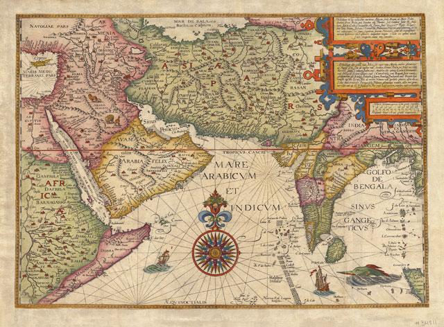 Jan Huyghen van LINSCHOTEN (1563-1611). [India and the Middle East]. Amsterdam, 1596. (Copper engraving with hand colour). Linschoten’s beautiful map of India and the Middle East was at the heart of history’s most consequential case of corporate espionage, which saw the fall Portuguese hegemony in India.