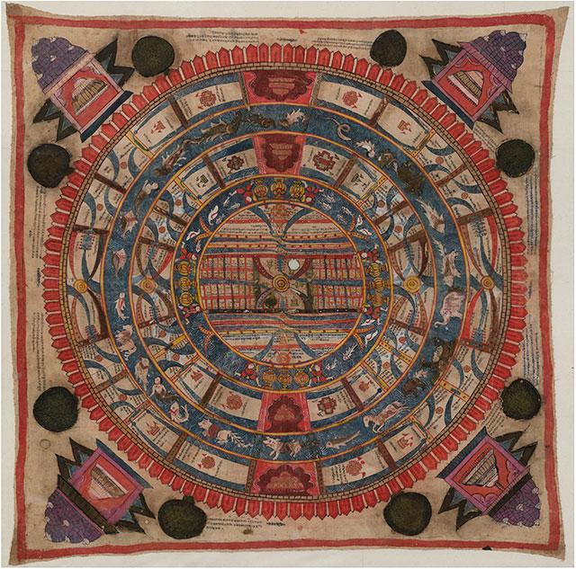 Rajasthan, mid-17th Century, (opaque watercolour on cotton). In Jain texts the universe is divided into three worlds - the upper occupied by the gods, the middle by mortals and the lower belonging to the damned. Rajasthan, mid-17th Century, (opaque watercolour on cotton). In Jain texts the universe is divided into three worlds - the upper occupied by the gods, the middle by mortals and the lower belonging to the damned.