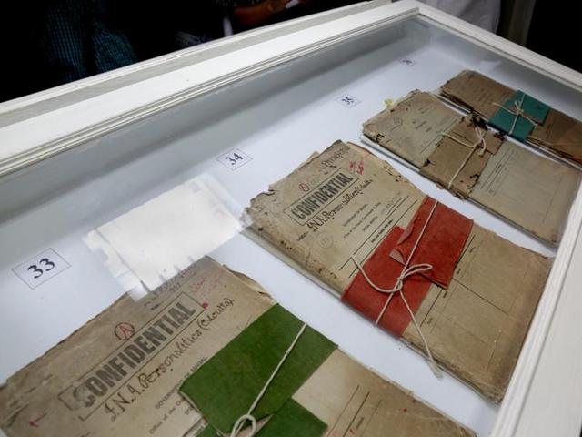 Declassified files on Netaji Subhas Chandra Bose are put up on display at the Kolkata Police Museum. The files, believed to contain over 12,000 pages, will be allowed for public viewing only from September 21. (EPA)