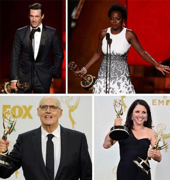 Jon Hamm, Viola Davis, Jeffrey Tambor and Julia Louis-Dreyfus with their Emmys for Outstanding Lead Actor in Drama Series, Outstanding Lead Actress in Drama Series, Outstanding Lead Actor in Comedy Series and Outstanding Lead Actress in Comedy Series, respectively. (Agencies) Jon Hamm, Viola Davis, Jeffrey Tambor and Julia Louis-Dreyfus with their Emmys for Outstanding Lead Actor in Drama Series, Outstanding Lead Actress in Drama Series, Outstanding Lead Actor in Comedy Series and Outstanding Lead Actress in Comedy Series, respectively. (Agencies)