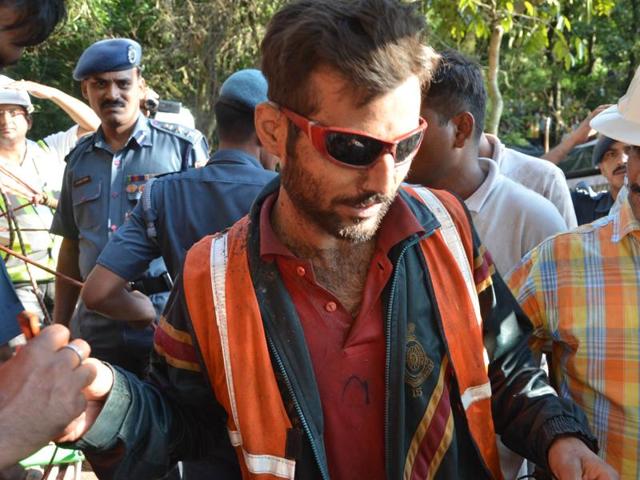 Satish Tomar, one of the rescued labourer, was among the two trapped in the tunnel since September 12. On Monday morning, an NDRF team made some significant progress in the drilling work on the collapsed tunnel. (HT Photo)