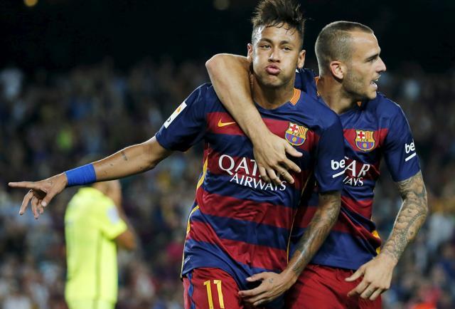Barcelona's Neymar, left, and teammate Sandro Ramirez celebrate Neymar's goal against Levante during their La Liga match at Camp Nou stadium in Barcelona, on September 20, 2015. (REUTERS) Barcelona's Neymar, left, and teammate Sandro Ramirez celebrate Neymar's goal against Levante during their La Liga match at Camp Nou stadium in Barcelona, on September 20, 2015. (REUTERS)