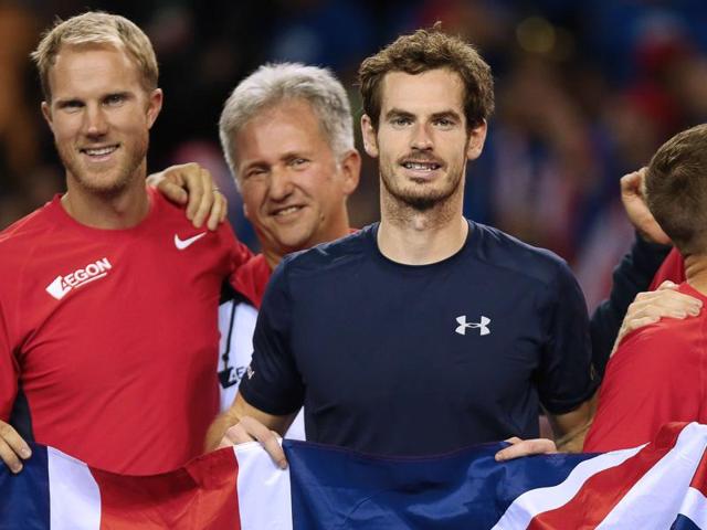Andy Murray of Great Britain celebrates with teammates after clinching Britain’s Davis Cup semi-final tie 3-1 over Australia by beating Bernard Tomic in the reverse singles in Glasgow, on September 20, 2015. (AFP Photo) Andy Murray of Great Britain celebrates with teammates after clinching Britain’s Davis Cup semi-final tie 3-1 over Australia by beating Bernard Tomic in the reverse singles in Glasgow, on September 20, 2015. (AFP Photo)