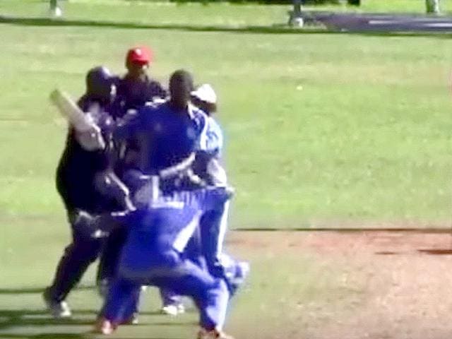 Cleveland County Cricket Club’s Jason Anderson in a fight with Willow Cuts Cricket Club’s batsman George O’Brien during the Champion of Champions final at the St David’s Cricket Club Ground. (YouTube Grab) Cleveland County Cricket Club’s Jason Anderson in a fight with Willow Cuts Cricket Club’s batsman George O’Brien during the Champion of Champions final at the St David’s Cricket Club Ground. (YouTube Grab)