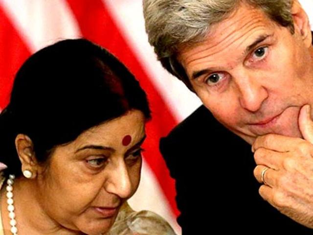 US secretary of state John Kerry chats with Indian external affairs minister Sushma Swaraj at the US-India Strategic & Commercial Dialogue plenary session at the State Department in Washington. (Reuters) US secretary of state John Kerry chats with Indian external affairs minister Sushma Swaraj at the US-India Strategic & Commercial Dialogue plenary session at the State Department in Washington. (Reuters)
