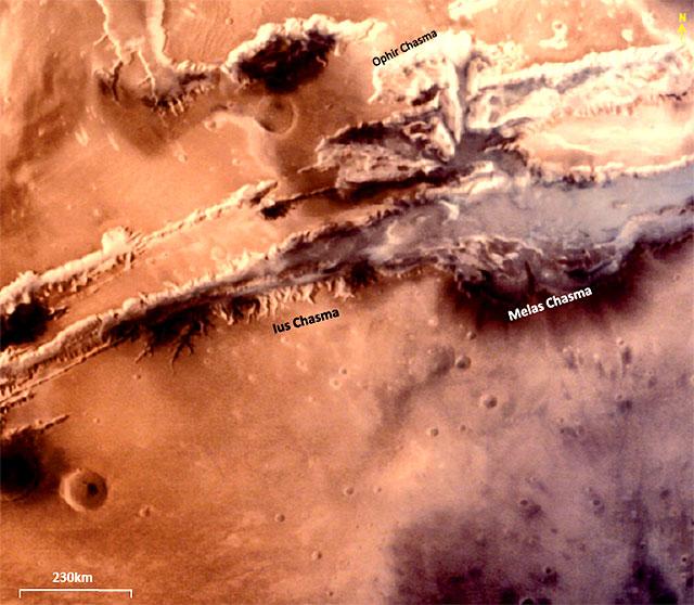 Different canyons in the Valles Marineris are seen in this MCC image at a spatial resolution of nearly 1159m at an altitude of 22298km. (Mars Atlas) Different canyons in the Valles Marineris are seen in this MCC image at a spatial resolution of nearly 1159m at an altitude of 22298km. (Mars Atlas)