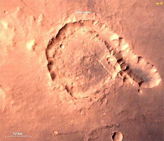 This image of Pital crater was taken by the MCC at a spatial resolution of nearly 45 m at an altitude of 800km. (Mars Atlas) This image of Pital crater was taken by the MCC at a spatial resolution of nearly 45 m at an altitude of 800km. (Mars Atlas)