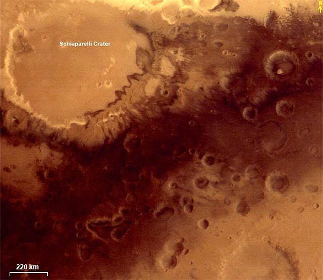This image of Schiaparelli crater was taken by the MCC at a spatial resolution of nearly 470 m at an altitude of 9000km. (Mars Atlas) This image of Schiaparelli crater was taken by the MCC at a spatial resolution of nearly 470 m at an altitude of 9000km. (Mars Atlas)