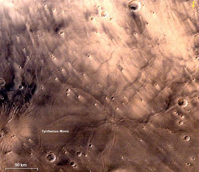 This image of bright streaks and part of Tyrrhenus Mons in Hesperia Planum crater was taken by the MCC at a spatial resolution of nearly 313 m at an altitude of 6028km. This image of bright streaks and part of Tyrrhenus Mons in Hesperia Planum crater was taken by the MCC at a spatial resolution of nearly 313 m at an altitude of 6028km.