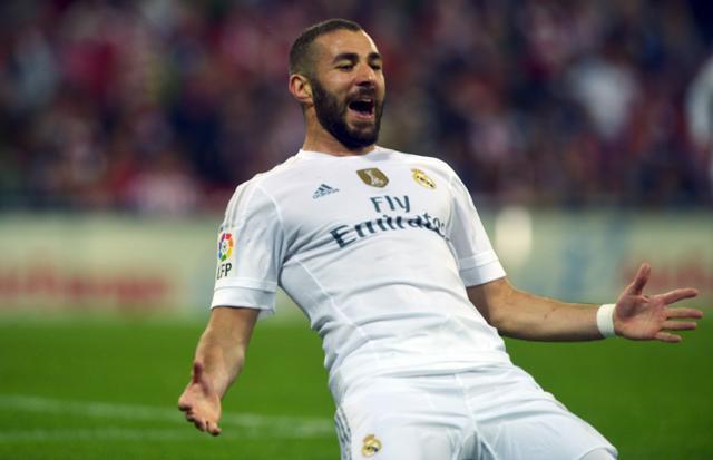Real Madrid's Karim Benzema celebrates scoring the first goal against Athletic Bilbao during the La Liga match at San Mames stadium in Bilbao, Spain, on September 23, 2015. (Reuters Photo) Real Madrid's Karim Benzema celebrates scoring the first goal against Athletic Bilbao during the La Liga match at San Mames stadium in Bilbao, Spain, on September 23, 2015. (Reuters Photo)