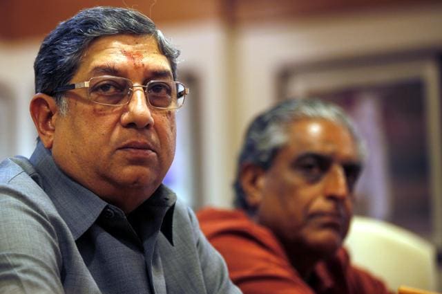 Former Board of Control for Cricket in India (BCCI) President N. Srinivasan (C) speaks as secretary Sanjay Jagdale watches during a news conference at their head office in Mumbai. (Kunal Patil/HT File Photo) Former Board of Control for Cricket in India (BCCI) President N. Srinivasan (C) speaks as secretary Sanjay Jagdale watches during a news conference at their head office in Mumbai. (Kunal Patil/HT File Photo)