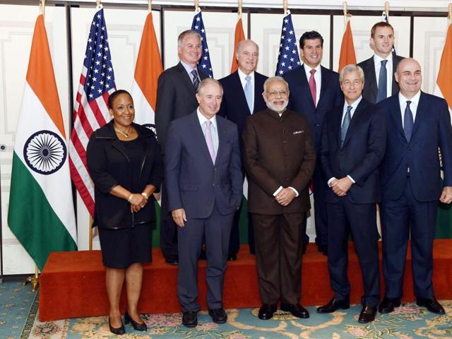 Prime Minister Narendra Modi poses before a meeting with officials of top financial institutions in New York on Thursday.(PTI)