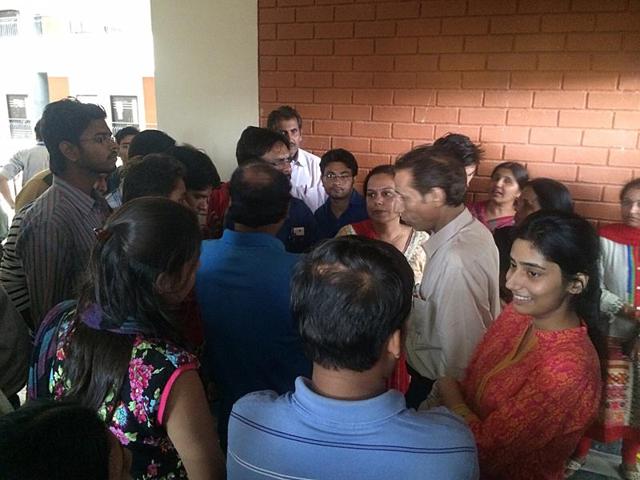 Parents and candidates argue with the exam officer after technical glitches hit DMAT online exam in Indore. ((HT file photo)) Parents and candidates argue with the exam officer after technical glitches hit DMAT online exam in Indore. ((HT file photo))
