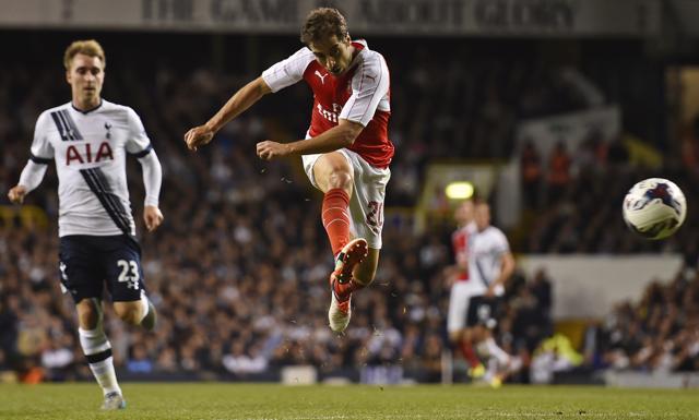 Arsenal’s Mathieu Flamini scores the winner in the team’s 2-1 win over Tottenham Hotspur in the League Cup third round at White Hart Lane, on September 23, 2015. (Reuters Photo) Arsenal’s Mathieu Flamini scores the winner in the team’s 2-1 win over Tottenham Hotspur in the League Cup third round at White Hart Lane, on September 23, 2015. (Reuters Photo)