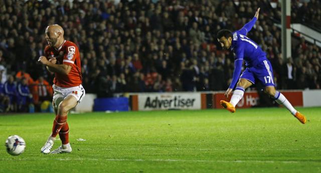 Chelsea’s Pedro Rodriguez, right, scores the fourth goal for his team during the League Cup third round match against Walsall at Banks’ Stadium, on September 23, 2015. (Reuters Photo) Chelsea’s Pedro Rodriguez, right, scores the fourth goal for his team during the League Cup third round match against Walsall at Banks’ Stadium, on September 23, 2015. (Reuters Photo)
