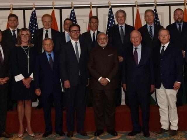 New York : Prime Minister Narendra Modi with Media titan Rupert Murdoch pose for a group picture before a roundtable meeting on “Media, technology and communication - Growth story for India” in New York on Thursday.(PTI Photo)