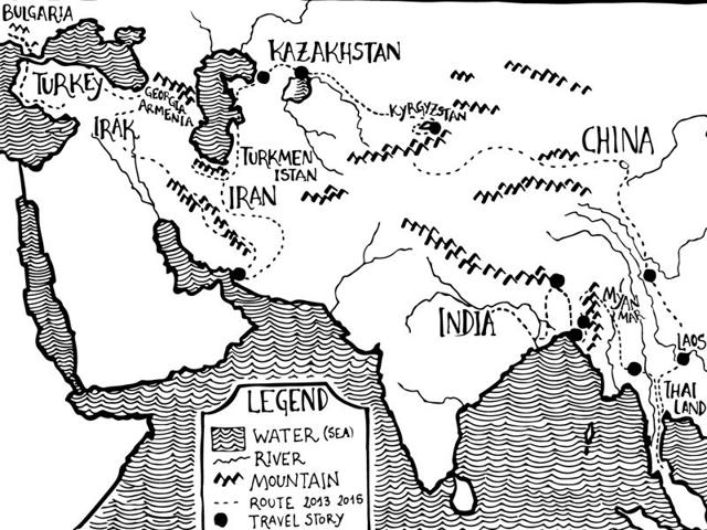 An illustration of the map on which the duo from Bulgaria- Boris Kanev and Marta Samalea - chalked out their route to India. (Photo: Roving Snails)