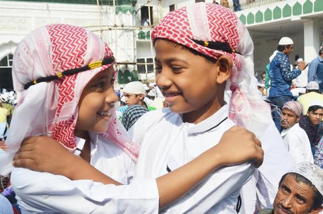Young kids wishing each other as they celebrate Eid-ul-Adha at Jama Masjid Khairuddin Mosque in Amritsar on Friday. (Sameer Sehgal)