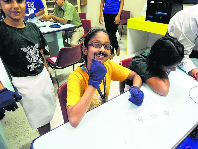 A Cathedral student shows off a 3D doodled moustache she made. A Cathedral student shows off a 3D doodled moustache she made.