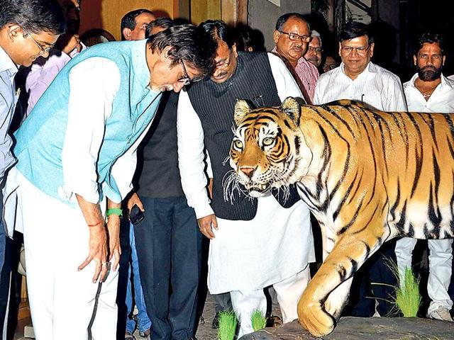 A tiger sculpture caught Amitabh Bachchan’s attention, as he met the Maharashtra forest minister Sudhir Mungantiwar (standing next to Bachchan in the photograph) to discuss his role as the state’s tiger ambassador. (Photo: Yogen Shah)