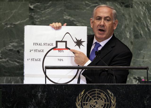 Prime Minister Benjamin Netanyahu of Israel uses a large, cartoonish diagram of a bomb to dramatize his claim that Iran was 70% of the way to enriching uranium for a nuclear weapon, during his address to the United Nations General Assembly. (AP) Prime Minister Benjamin Netanyahu of Israel uses a large, cartoonish diagram of a bomb to dramatize his claim that Iran was 70% of the way to enriching uranium for a nuclear weapon, during his address to the United Nations General Assembly. (AP)