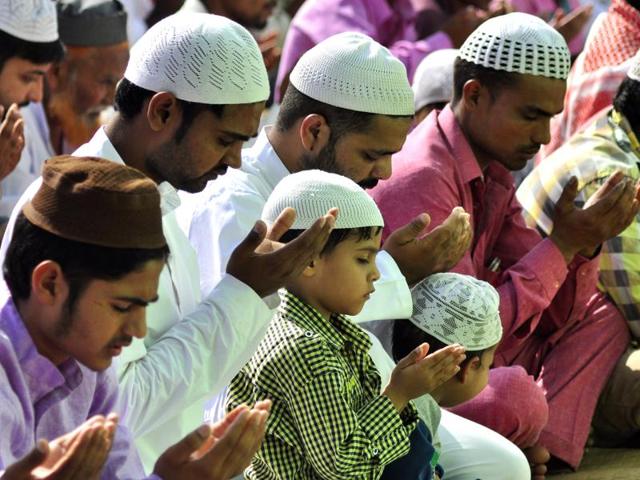 People of Muslim community offering prayers during Eid-ul-Adha in Manimajra on Friday. (Sant Arora/HT)