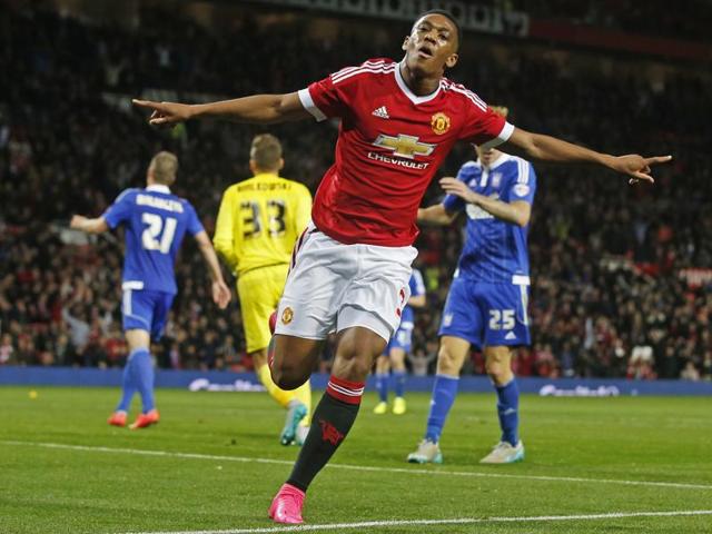 Anthony Martial celebrates after scoring the third goal for Manchester United against Ipswich Town in the League Cup third round, on September 23, 2015. (Reuters Photo) Anthony Martial celebrates after scoring the third goal for Manchester United against Ipswich Town in the League Cup third round, on September 23, 2015. (Reuters Photo)