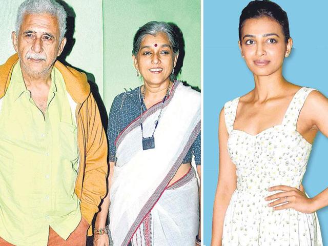 Naseeruddin Shah and Ratna Pathak Shah (left) and Radhika Apte attended a movie screening in Mumbai. (HT Photo/ Yogen Shah)