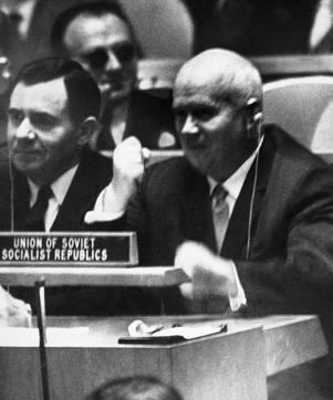 In this October 12, 1960 file photo, Soviet premier Nikita Khrushchev pounds his desk at the United Nations with his fist during a General Assembly debate on colonialism at the UN. (AP) In this October 12, 1960 file photo, Soviet premier Nikita Khrushchev pounds his desk at the United Nations with his fist during a General Assembly debate on colonialism at the UN. (AP)