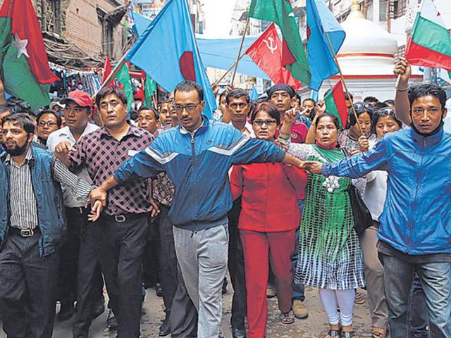 Nepalese protesters shout anti-government slogans at a protest against the constitution in Kathmandu. (EPA Photo) Nepalese protesters shout anti-government slogans at a protest against the constitution in Kathmandu. (EPA Photo)