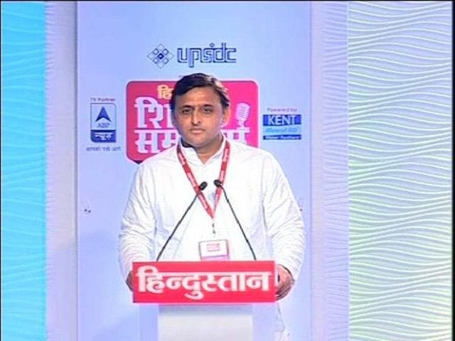 A TV grab shows UP CM Akhilesh Yadav speaking the Hindustan Shikhar Samagam. A TV grab shows UP CM Akhilesh Yadav speaking the Hindustan Shikhar Samagam.