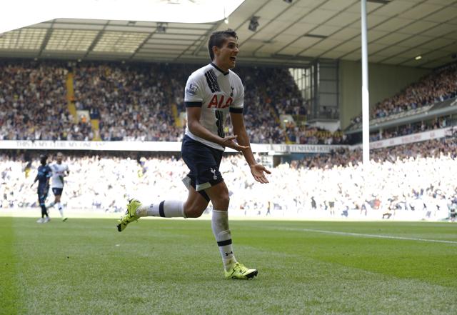 Tottenham Hotspur's Erik Lamela celebrates scoring his side's fourth goal during the EPL match against Manchester City at White Hart Lane, on September 26, 2015. (AP) Tottenham Hotspur's Erik Lamela celebrates scoring his side's fourth goal during the EPL match against Manchester City at White Hart Lane, on September 26, 2015. (AP)