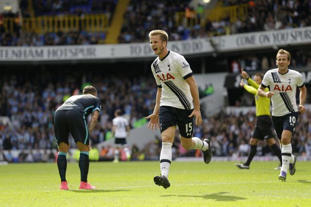 Eric Dier, center, celebrates scoring his side's first goal beside Harry Kane, right, during the EPL match against Manchester City at White Hart Lane, on September 26, 2015. (AP Photo) Eric Dier, center, celebrates scoring his side's first goal beside Harry Kane, right, during the EPL match against Manchester City at White Hart Lane, on September 26, 2015. (AP Photo)