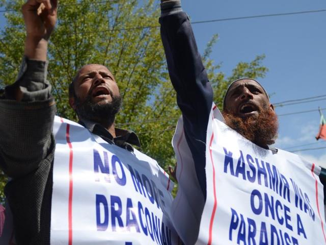 Supporters of the Jammu-Kashmir Salvation movement (JKSM), shout slogans during a protest in Srinagar. (AFP File Photo) Supporters of the Jammu-Kashmir Salvation movement (JKSM), shout slogans during a protest in Srinagar. (AFP File Photo)