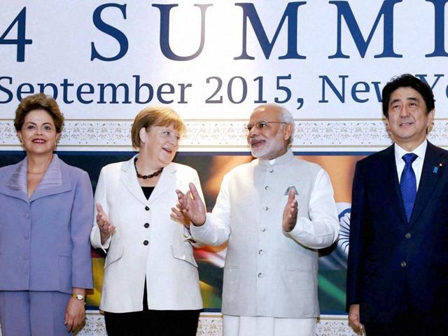 Prime Minister Narendra Modi, German Chancellor Angela Merkel, Brazilian President Dilma Rousseff and Japanese Prime Minister Shinzo Abe at G4 Summit in (PTI) Prime Minister Narendra Modi, German Chancellor Angela Merkel, Brazilian President Dilma Rousseff and Japanese Prime Minister Shinzo Abe at G4 Summit in (PTI)