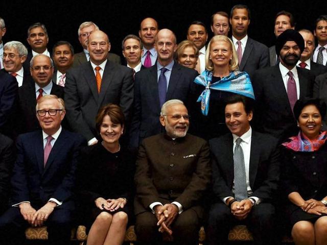 Prime Minister Narendra Modi poses for a group photo after an interaction with CEOs in New York. (PTI Photo) Prime Minister Narendra Modi poses for a group photo after an interaction with CEOs in New York. (PTI Photo)
