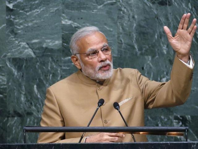 PM Narendra Modi addresses a plenary meeting of the United Nations Sustainable Development Summit 2015 at United Nations headquarters in Manhattan, New York. (REUTERS) PM Narendra Modi addresses a plenary meeting of the United Nations Sustainable Development Summit 2015 at United Nations headquarters in Manhattan, New York. (REUTERS)