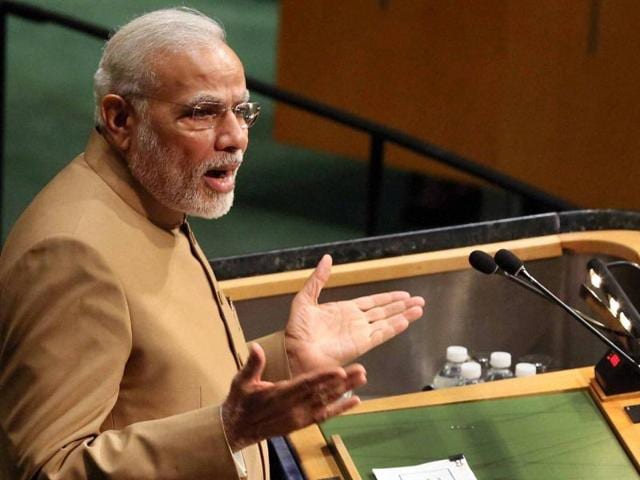 Prime Minister Narendra Modi speaks during the Sustainable Development Summit at the United Nations in New York .(PTI Photo)