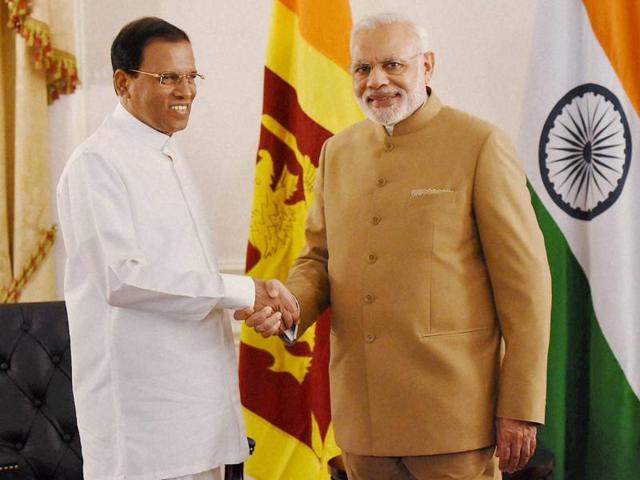 Prime Minister Narendra Modi shakes hands with Sri Lankan President Maithripala Sirisena at a meeting in New York on Friday. (PTI Photo) Prime Minister Narendra Modi shakes hands with Sri Lankan President Maithripala Sirisena at a meeting in New York on Friday. (PTI Photo)