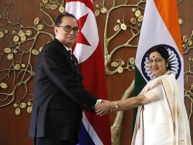 In this file photo, Indian foreign minister Sushma Swaraj, right, shakes hands with North Korea's foreign minister Ri Su Yong in New Delhi, India. Ties are warming between New Delhi and Pyongyang, with mineral-hungry India looking to boost trade with North Korea. (AP File Photo) In this file photo, Indian foreign minister Sushma Swaraj, right, shakes hands with North Korea's foreign minister Ri Su Yong in New Delhi, India. Ties are warming between New Delhi and Pyongyang, with mineral-hungry India looking to boost trade with North Korea. (AP File Photo)