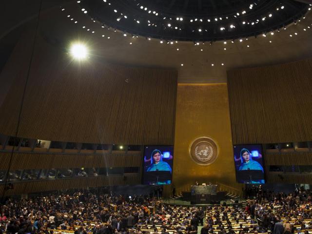 An image of Nobel peace laureate Malala Yousafzai is projected on screens as she speaks from a balcony to a plenary meeting of the United Nations Sustainable Development Summit 2015 at the United Nations headquarters in Manhattan, New York. (REUTERS Photo) An image of Nobel peace laureate Malala Yousafzai is projected on screens as she speaks from a balcony to a plenary meeting of the United Nations Sustainable Development Summit 2015 at the United Nations headquarters in Manhattan, New York. (REUTERS Photo)