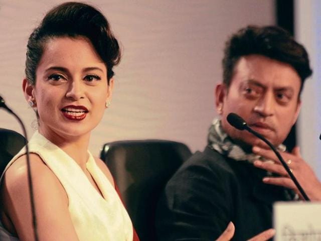 Actress Kangana Ranaut and actor Irrfan Khan on dais during Hindustan Samagam, in Lucknow. (Deepak Gupta/ HT Photo) Actress Kangana Ranaut and actor Irrfan Khan on dais during Hindustan Samagam, in Lucknow. (Deepak Gupta/ HT Photo)