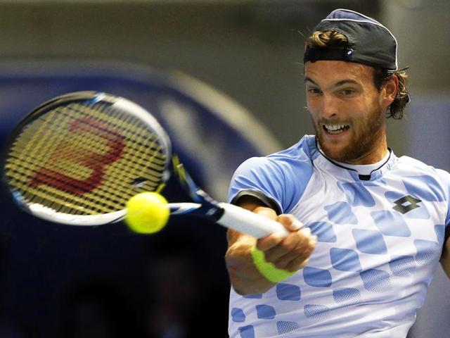 Joao Sousa of Portugal returns to Dominic Thiem of Austria during the semifinal of the St. Petersburg Open in St.Petersburg, Russia, on September 26, 2015. (EPA Photo) Joao Sousa of Portugal returns to Dominic Thiem of Austria during the semifinal of the St. Petersburg Open in St.Petersburg, Russia, on September 26, 2015. (EPA Photo)