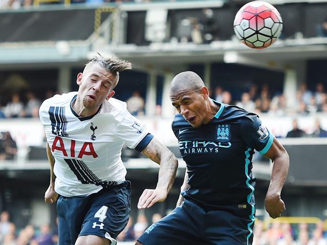 Toby Alderweireld, left, beats Manchester City's Fernandinho to score Tottenham's second goal during the EPL match against Manchester City at White Heart Lane, on September 26, 2015. (EPA Photo) Toby Alderweireld, left, beats Manchester City's Fernandinho to score Tottenham's second goal during the EPL match against Manchester City at White Heart Lane, on September 26, 2015. (EPA Photo)