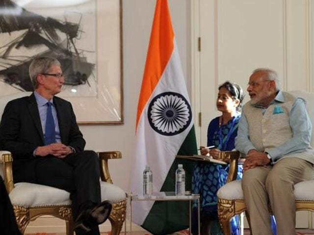 Apple CEO Tim Cook meeting Prime Minister Narendra Modi. (PM Narendra Modi’s Twitter account) Apple CEO Tim Cook meeting Prime Minister Narendra Modi. (PM Narendra Modi’s Twitter account)
