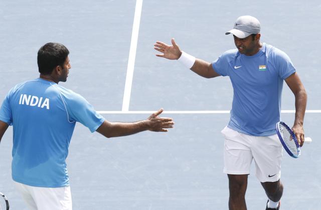 Leander Paes and Rohan Bopanna in action during their doubles tennis match against Czech Republic's Adam Pavlasek and Radek Stepanek on the second day's play off of the Davis Cup between India and Czech Republic. (Virendra Singh Gosain/ HT Photo) Leander Paes and Rohan Bopanna in action during their doubles tennis match against Czech Republic's Adam Pavlasek and Radek Stepanek on the second day's play off of the Davis Cup between India and Czech Republic. (Virendra Singh Gosain/ HT Photo)