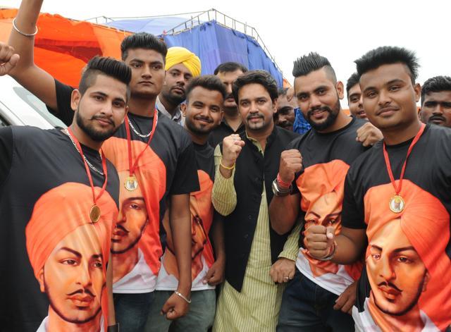 HAmirpur MP and national president of Bhartiya Janta Yuva Morcha Anurag Thakur during a rally in Khatkar Kalan on Sunday. (Pardeep Pandit/HT Photo) HAmirpur MP and national president of Bhartiya Janta Yuva Morcha Anurag Thakur during a rally in Khatkar Kalan on Sunday. (Pardeep Pandit/HT Photo)